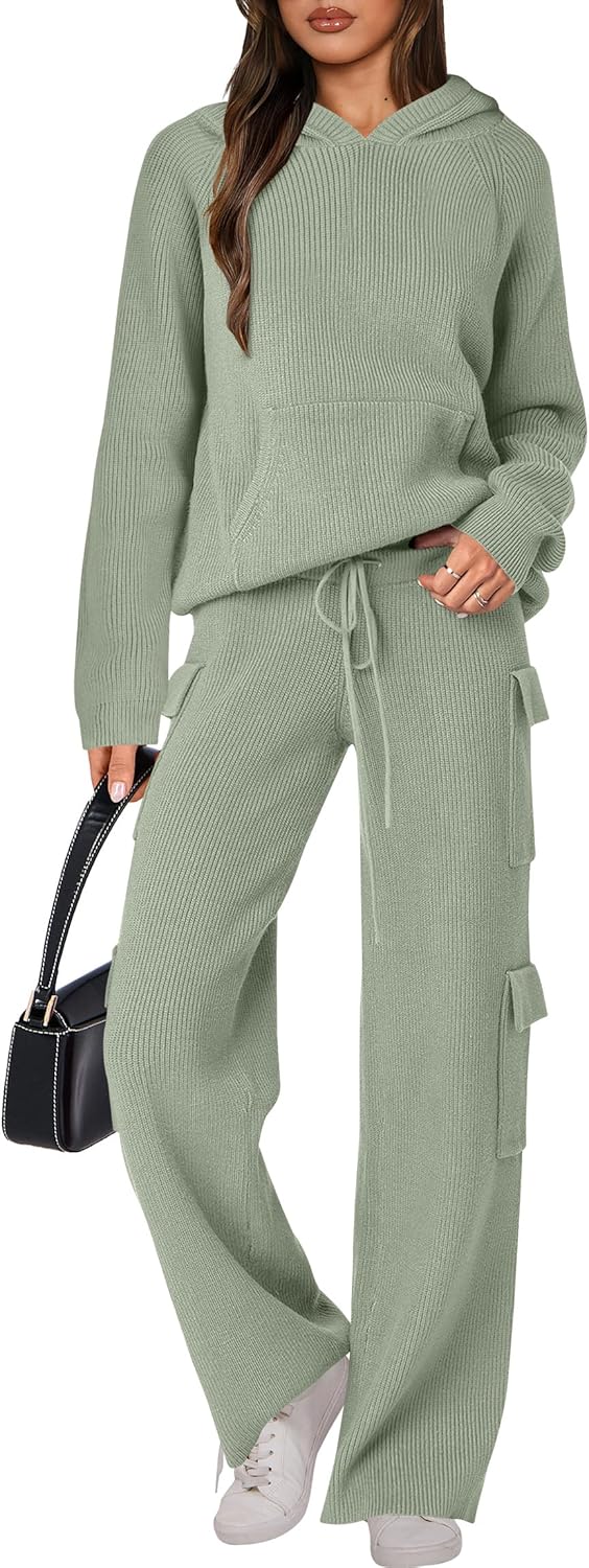 🎄 Destockage de Noël 🔥 Ensembles deux pièces femme : pull tricoté à capuche et pantalon droit décontracté