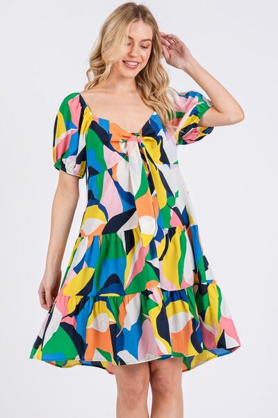 Robe Ces Femme à col en cœur, manches bouffantes et imprimé abstrait