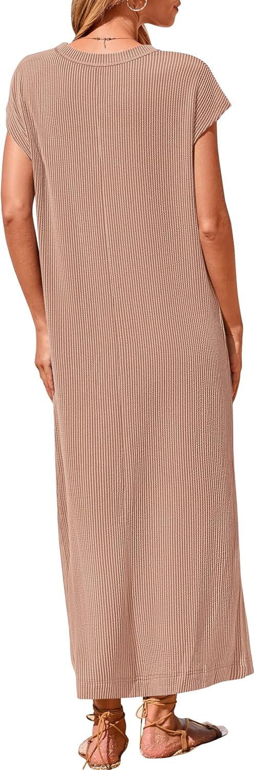 Robe longue fendue boutonnée Henley côtelée pour femme (achetez-en 2, livraison gratuite)