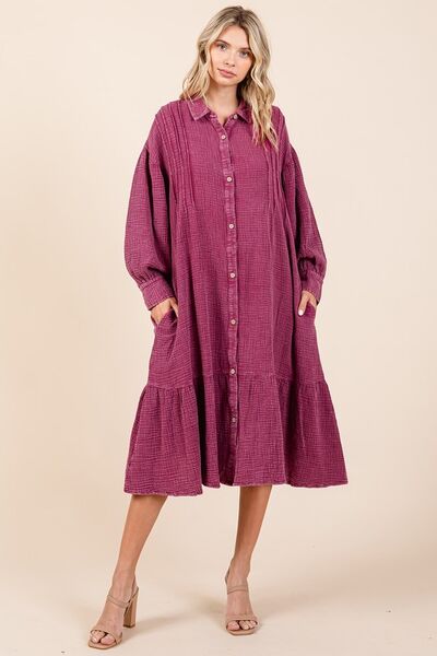 Midi-Hemdblusenkleid aus Baumwollgaze mit Mineralwaschung und Rüschen von Mittoshop