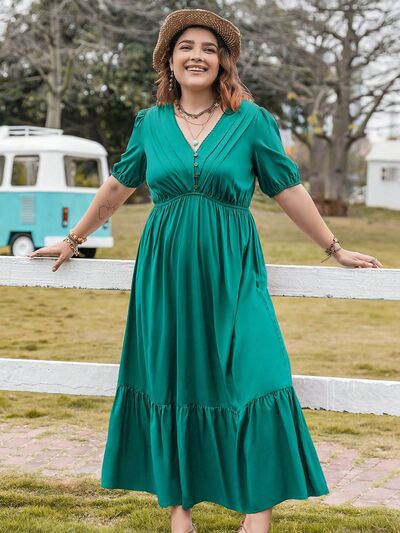 Robe Grande Taille à Col en V, Manches Courtes et Ourlet Volanté
