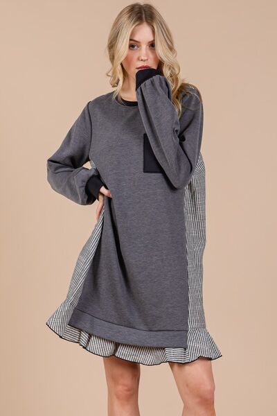 Ces Femme Gestreiftes Patchwork Rundhals-Sweatshirtkleid aus Frottee