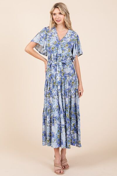 Robe étagée à manches courtes et taille nouée à motif floral Mittoshop
