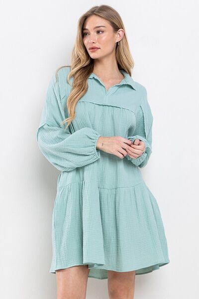Ces Femme Johnny Collar Ballonärmel Minikleid