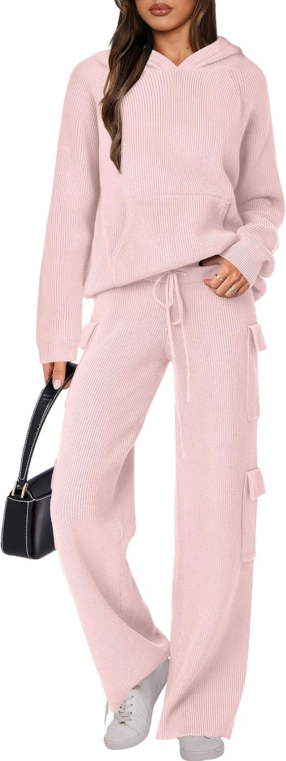 🎄 Destockage de Noël 🔥 Ensembles deux pièces femme : pull tricoté à capuche et pantalon droit décontracté