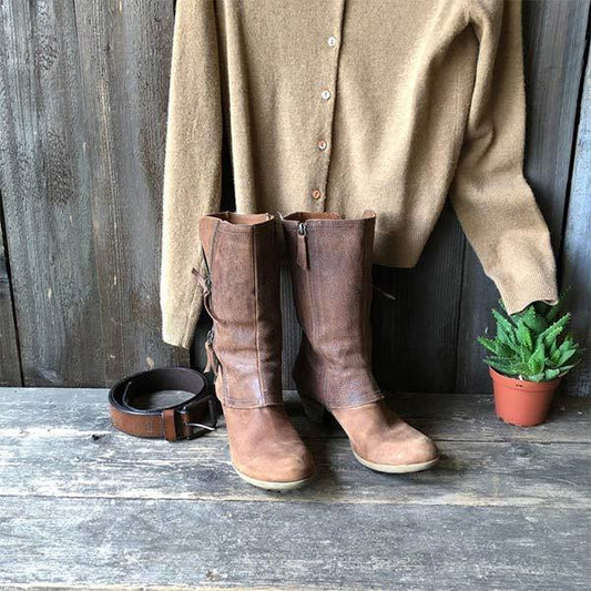 Bottes en cuir à talons carrés moyens avec fermeture éclair latérale pour femme