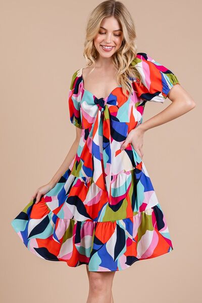 Robe Femme Imprimé Abstrait Col Cœur Manches Bouffantes