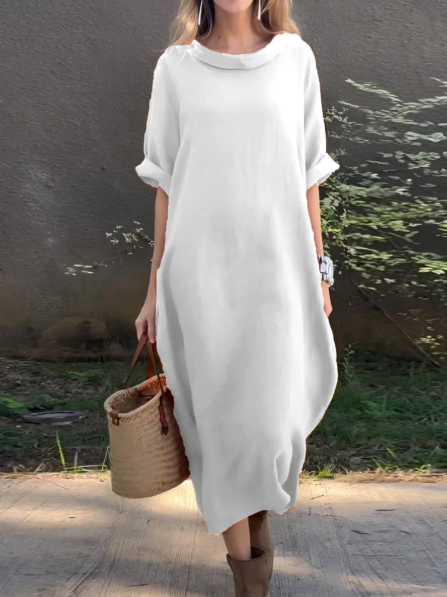 Robe décontractée unie en coton et lin pour femme