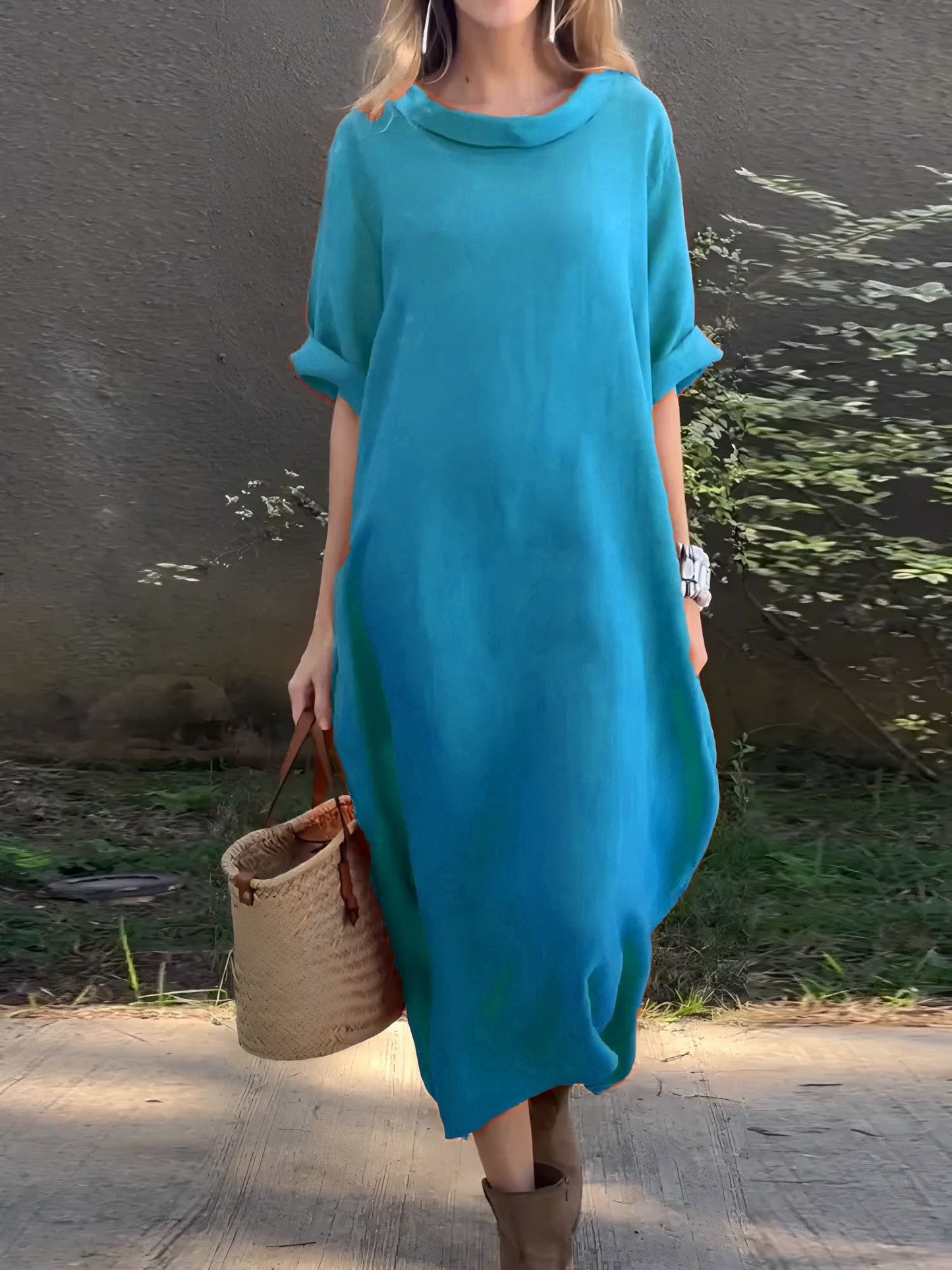 Robe décontractée unie en coton et lin pour femme