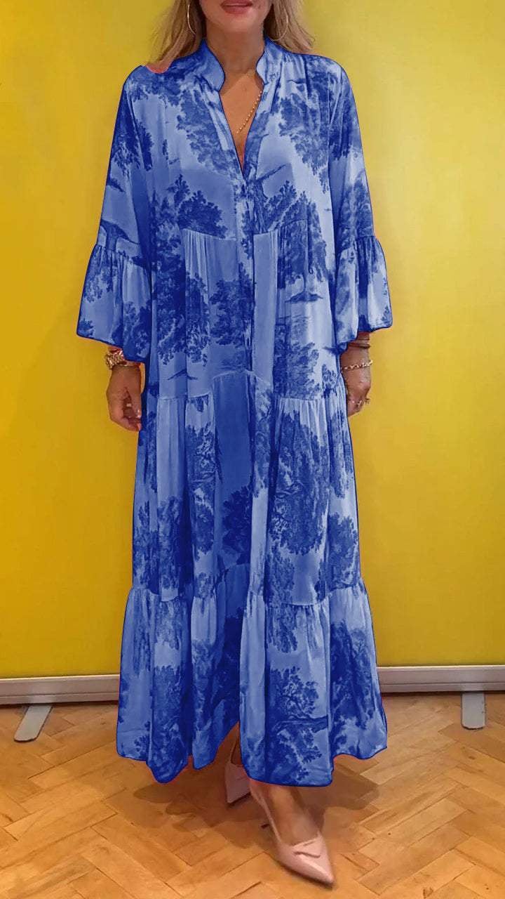 Robe d'été pour femme avec col en V et motif forêt Robe longue