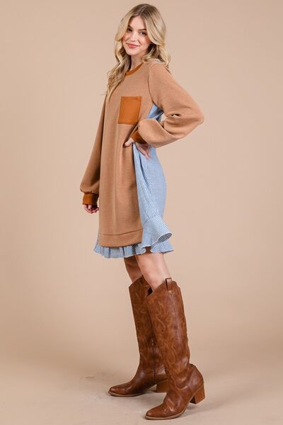 Ces Femme Gestreiftes Patchwork Rundhals-Sweatshirtkleid aus Frottee