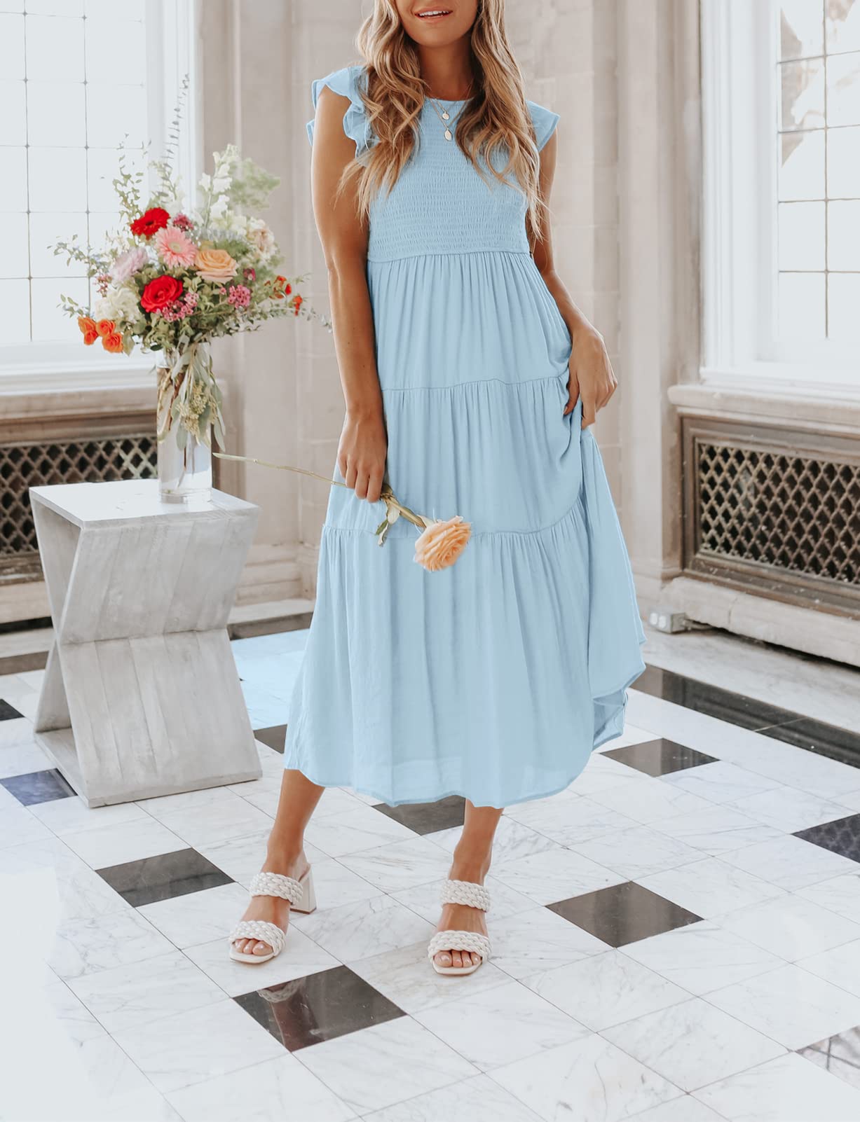 Robe midi décontractée d'été à manches courtes fluides pour femme