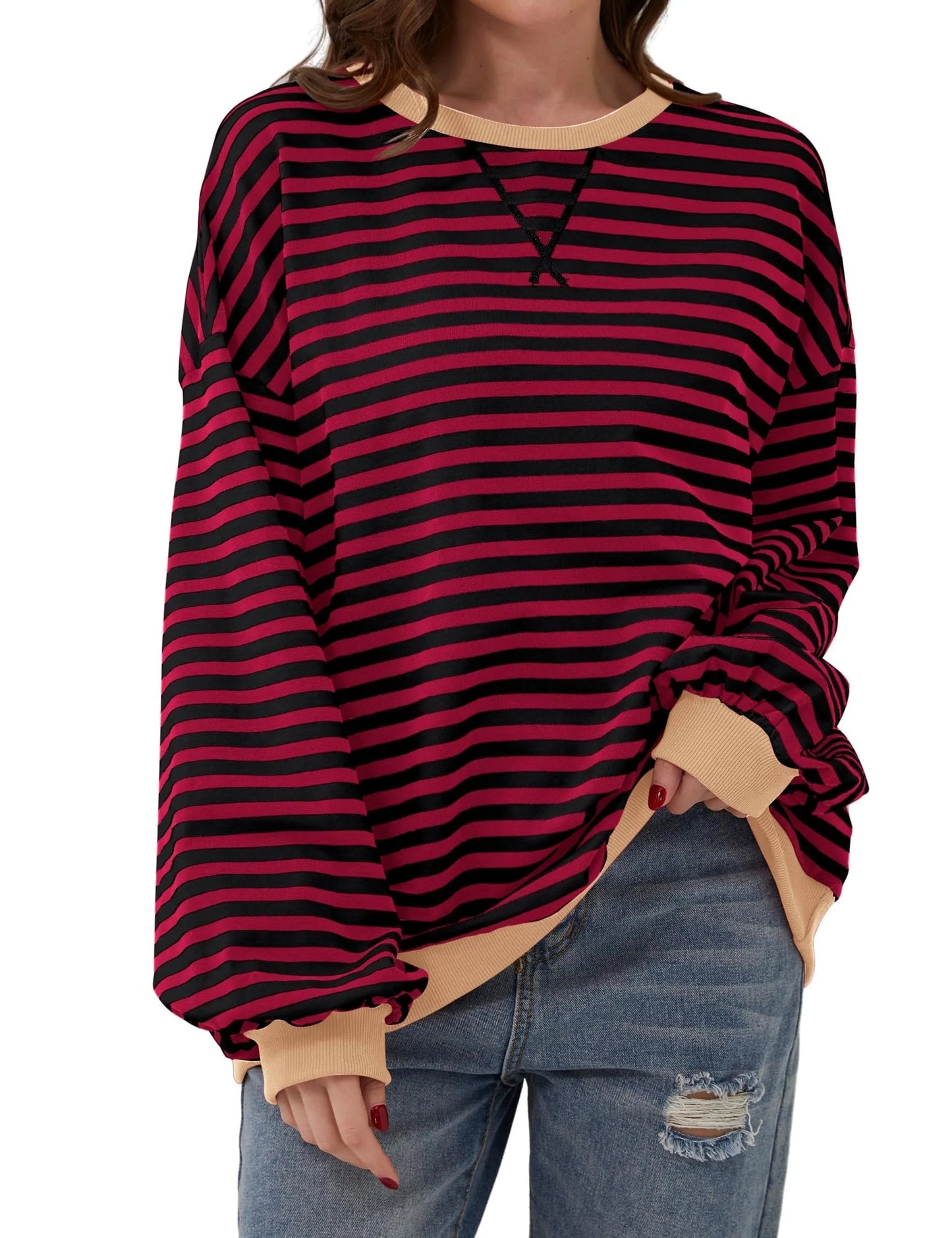 Pull à manches longues rayé oversize pour femme (achetez-en 2, livraison gratuite)