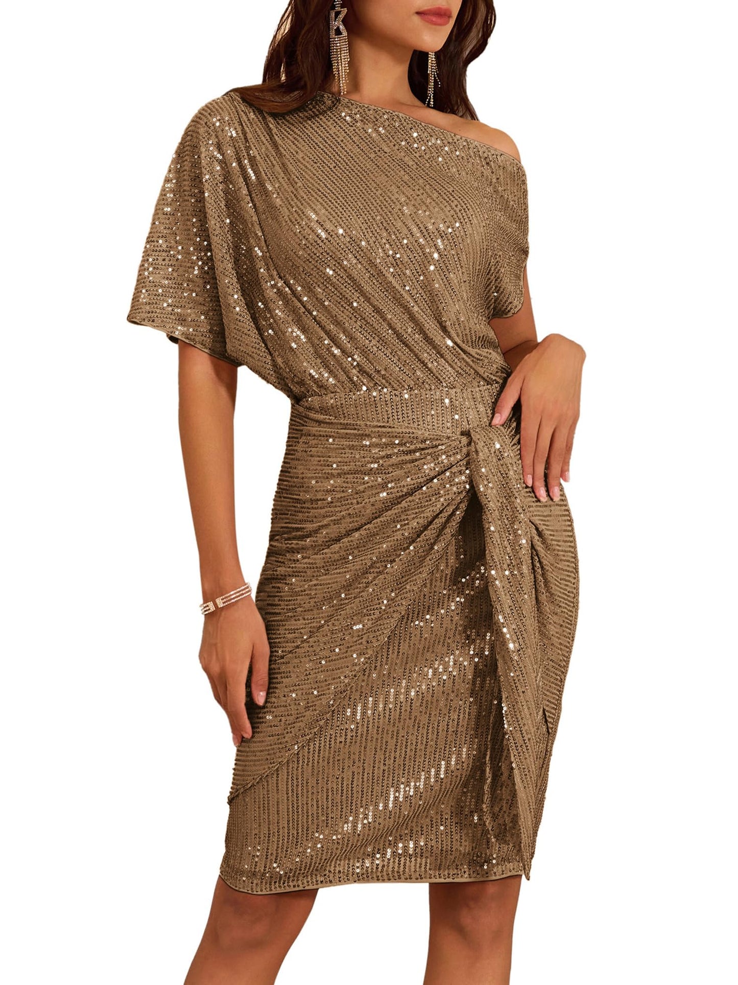 Damen schulterfreies Pailletten-Bodycon-Kleid (2 kaufen, kostenloser Versand)