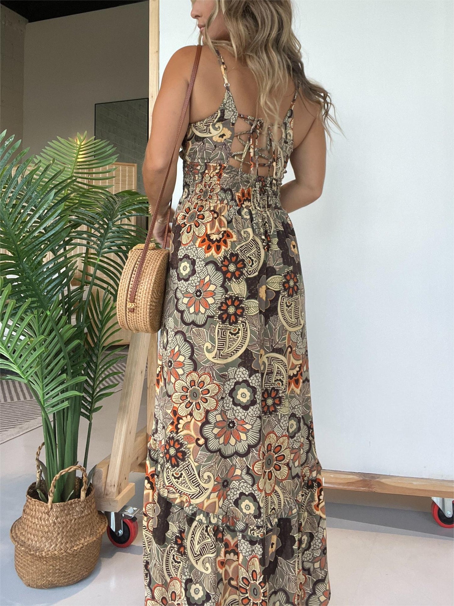 Damen Spaghettiträger Blumen Maxikleid (Kaufe 2, Versandkostenfrei)