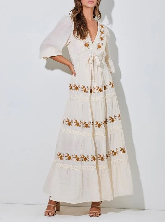 Robe longue brodée florale col en V pour femme (achetez-en 2, livraison gratuite)