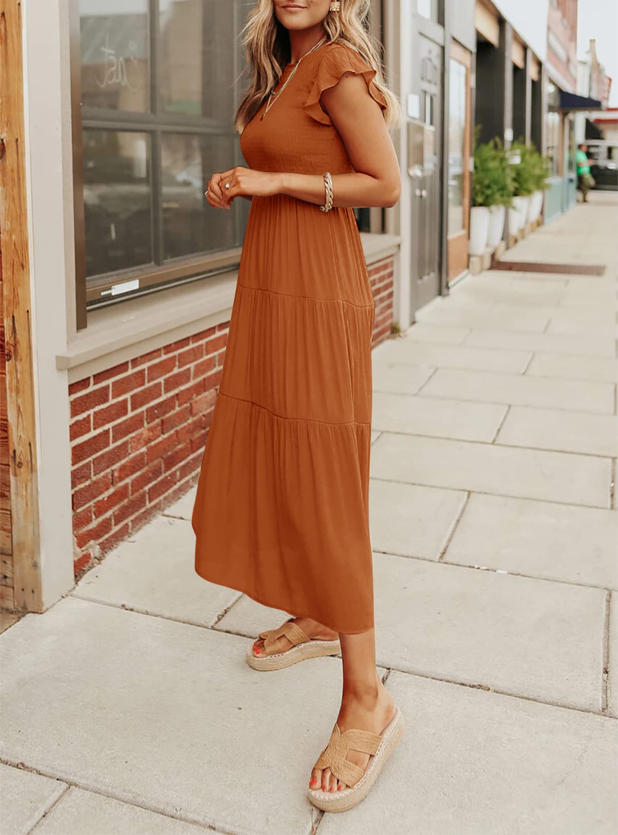 Robe midi décontractée d'été à manches courtes fluides pour femme
