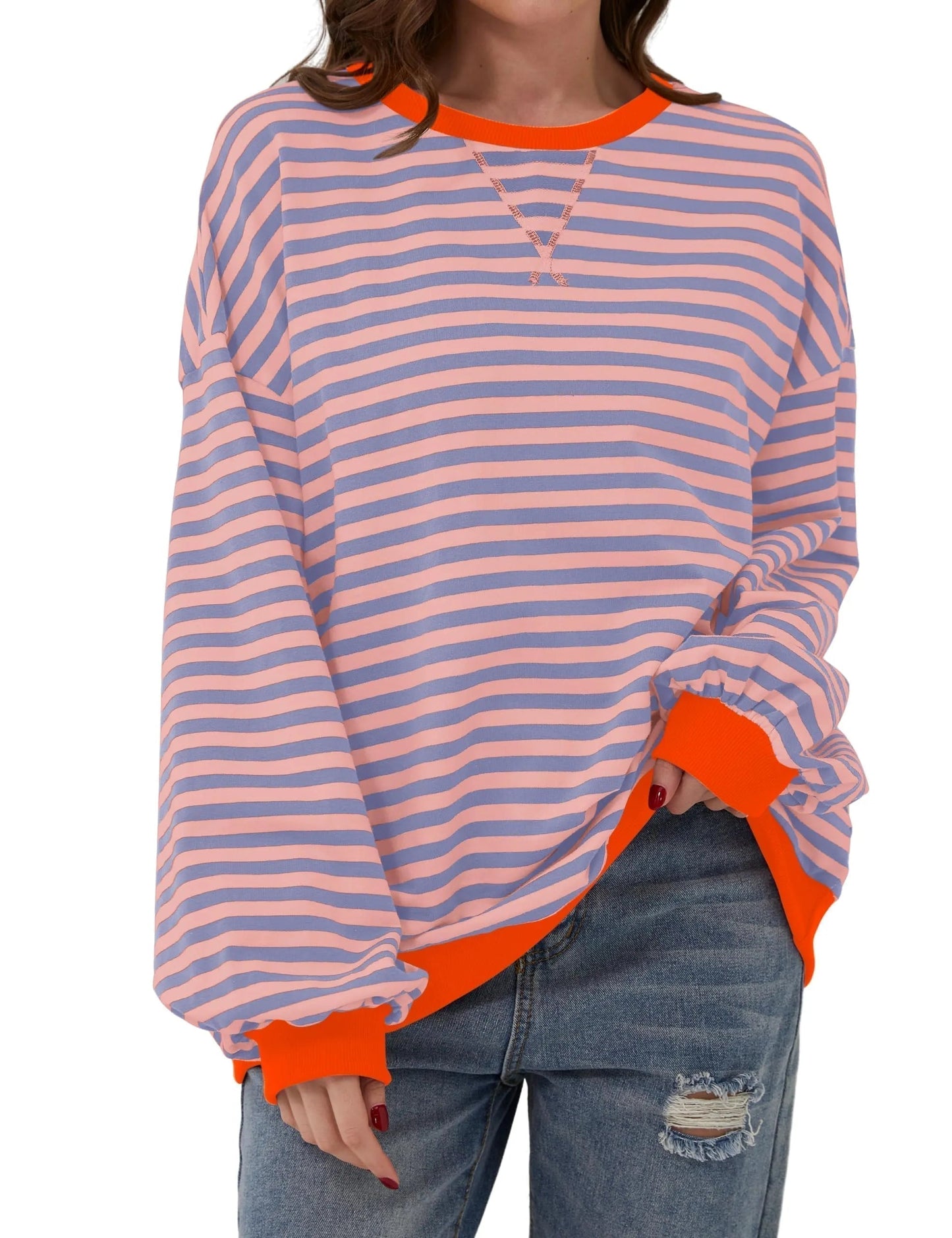 Pull à manches longues rayé oversize pour femme (achetez-en 2, livraison gratuite)