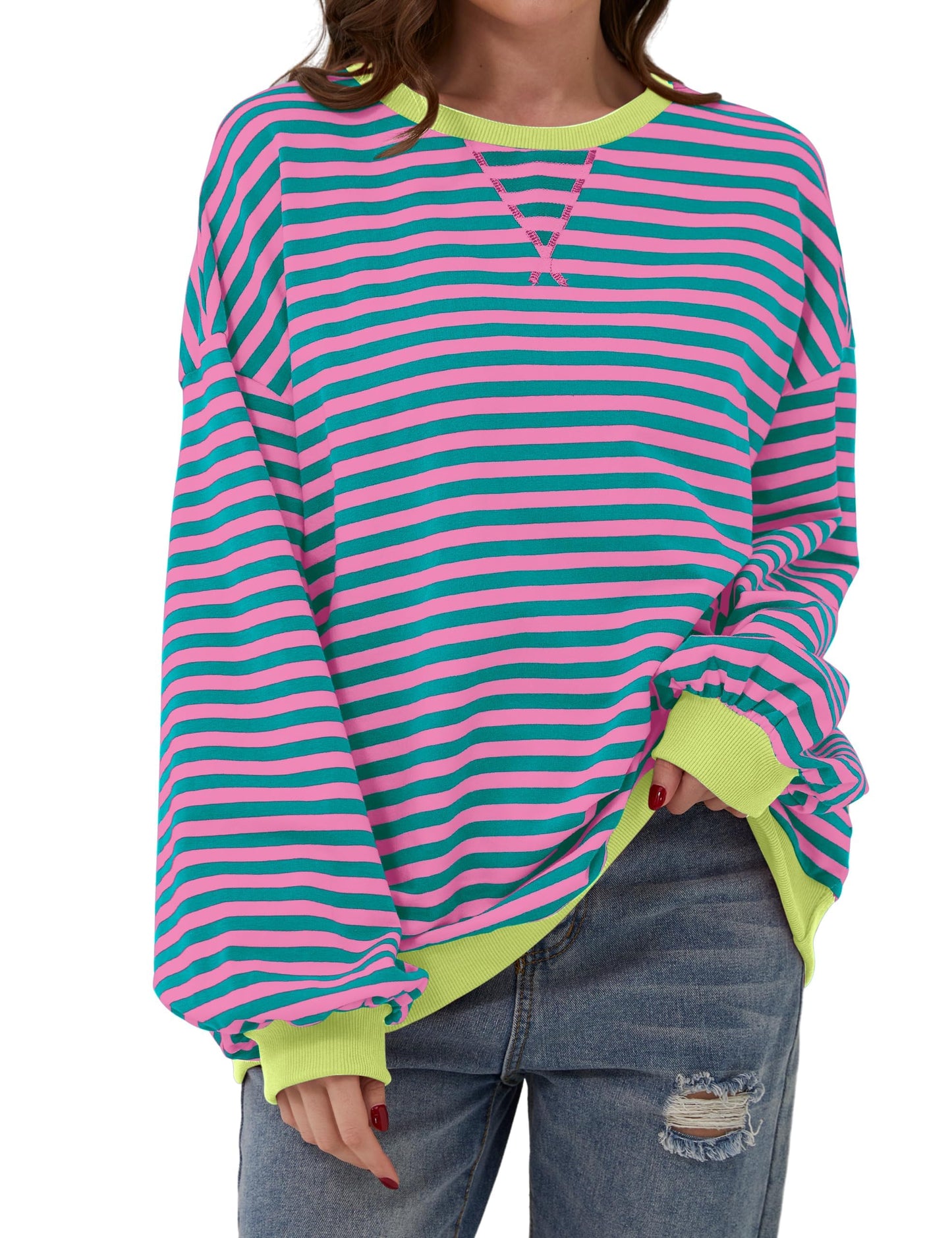 Pull à manches longues rayé oversize pour femme (achetez-en 2, livraison gratuite)