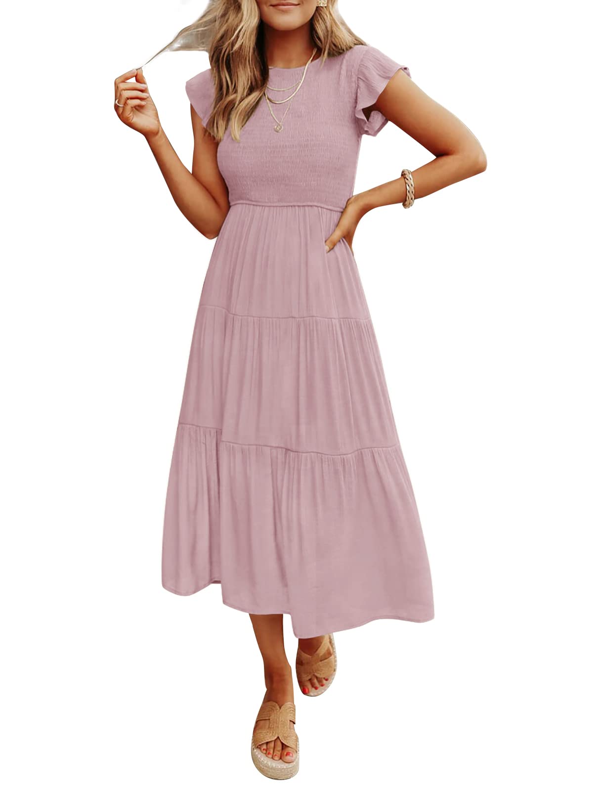 Robe midi décontractée d'été à manches courtes fluides pour femme