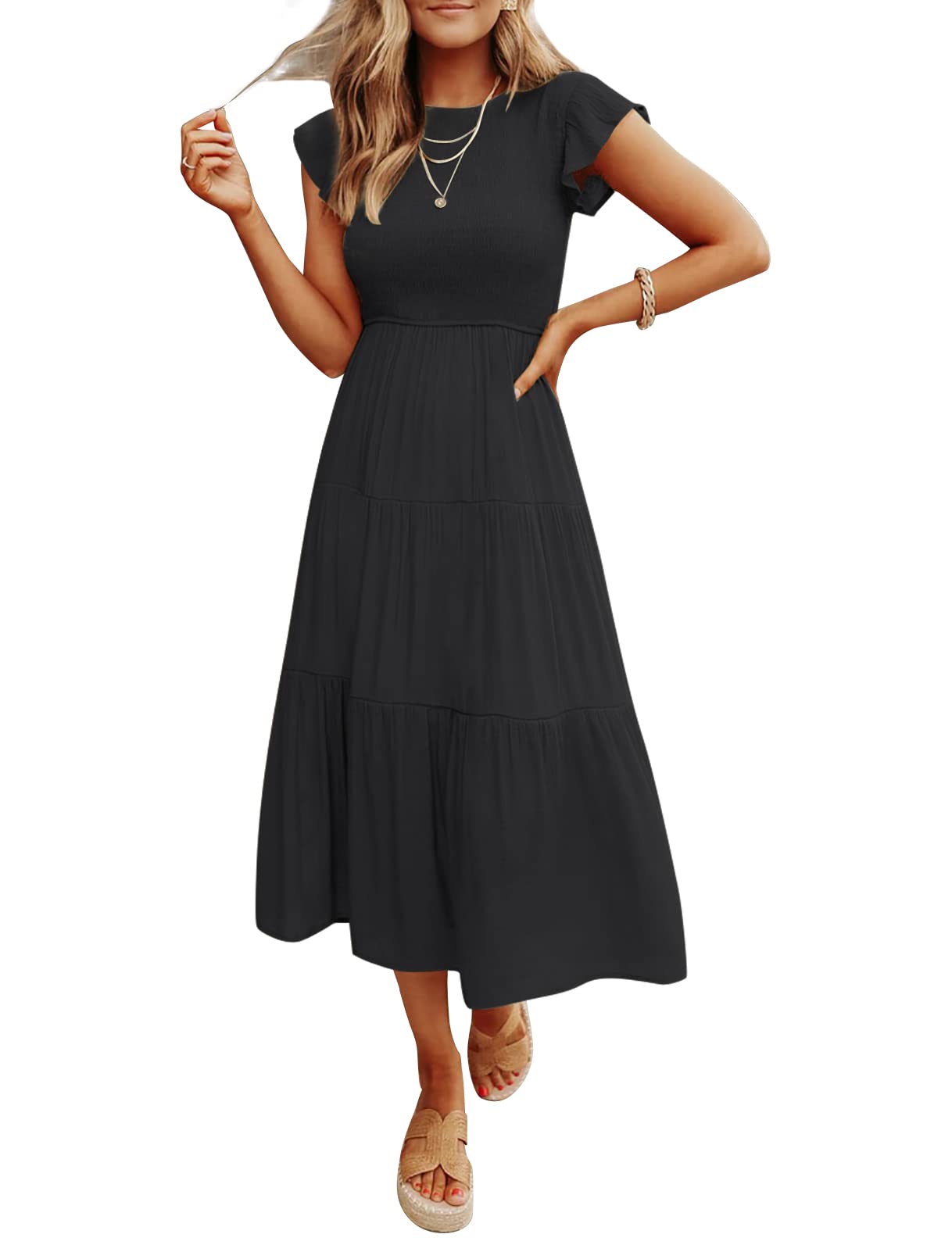 Robe midi décontractée d'été à manches courtes fluides pour femme