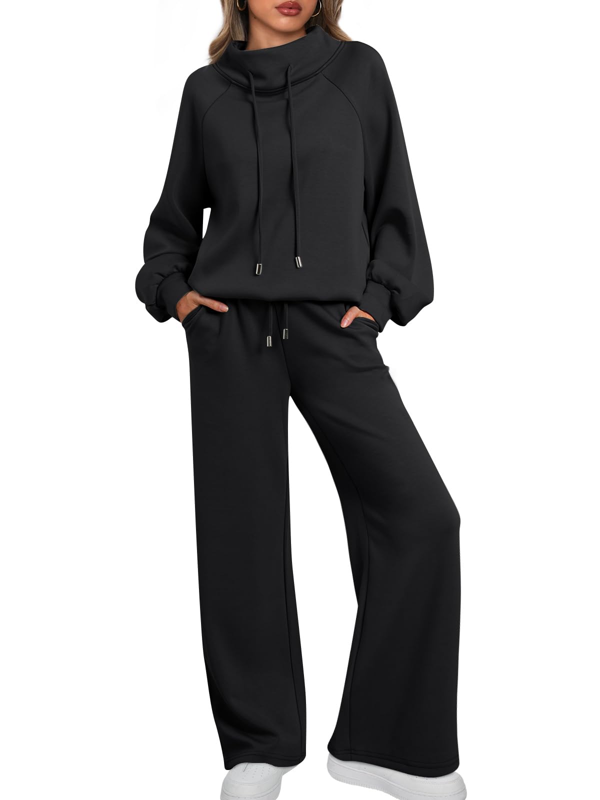 🎄Weihnachts-Ausverkauf 🔥 Damen Oversize Zweiteiler Rundhals-Sweatshirt mit Kordelzug und weitem Bein Jogginghose Freizeitanzug