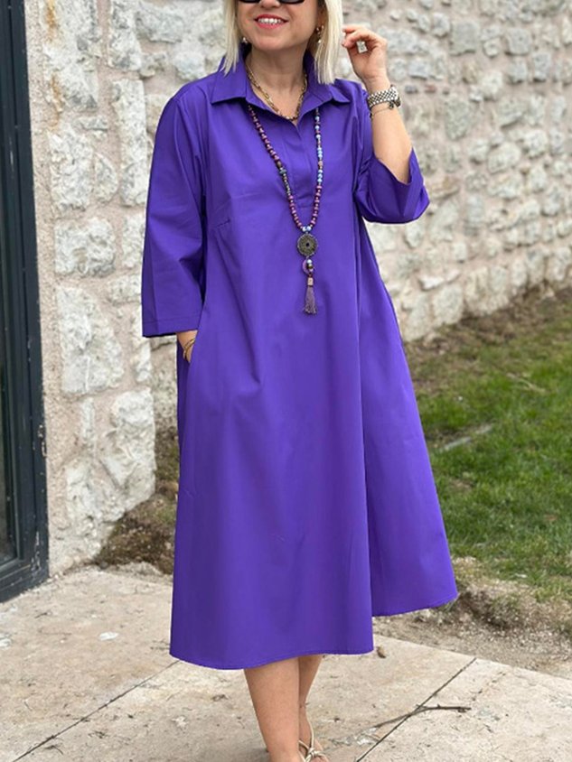Robe longue décontractée à col chemise uni