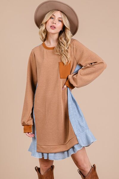 Ces Femme Gestreiftes Patchwork Rundhals-Sweatshirtkleid aus Frottee