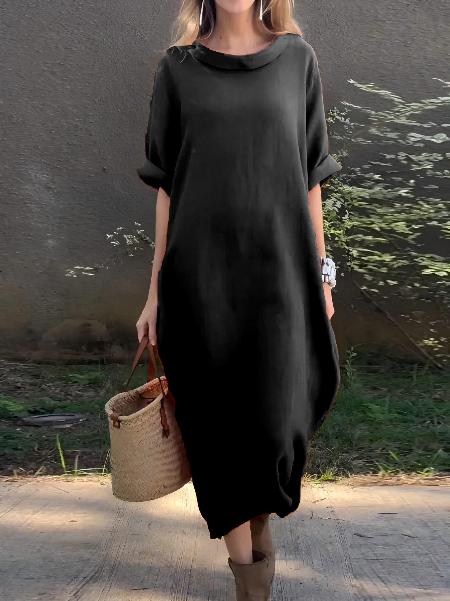 Robe décontractée unie en coton et lin pour femme