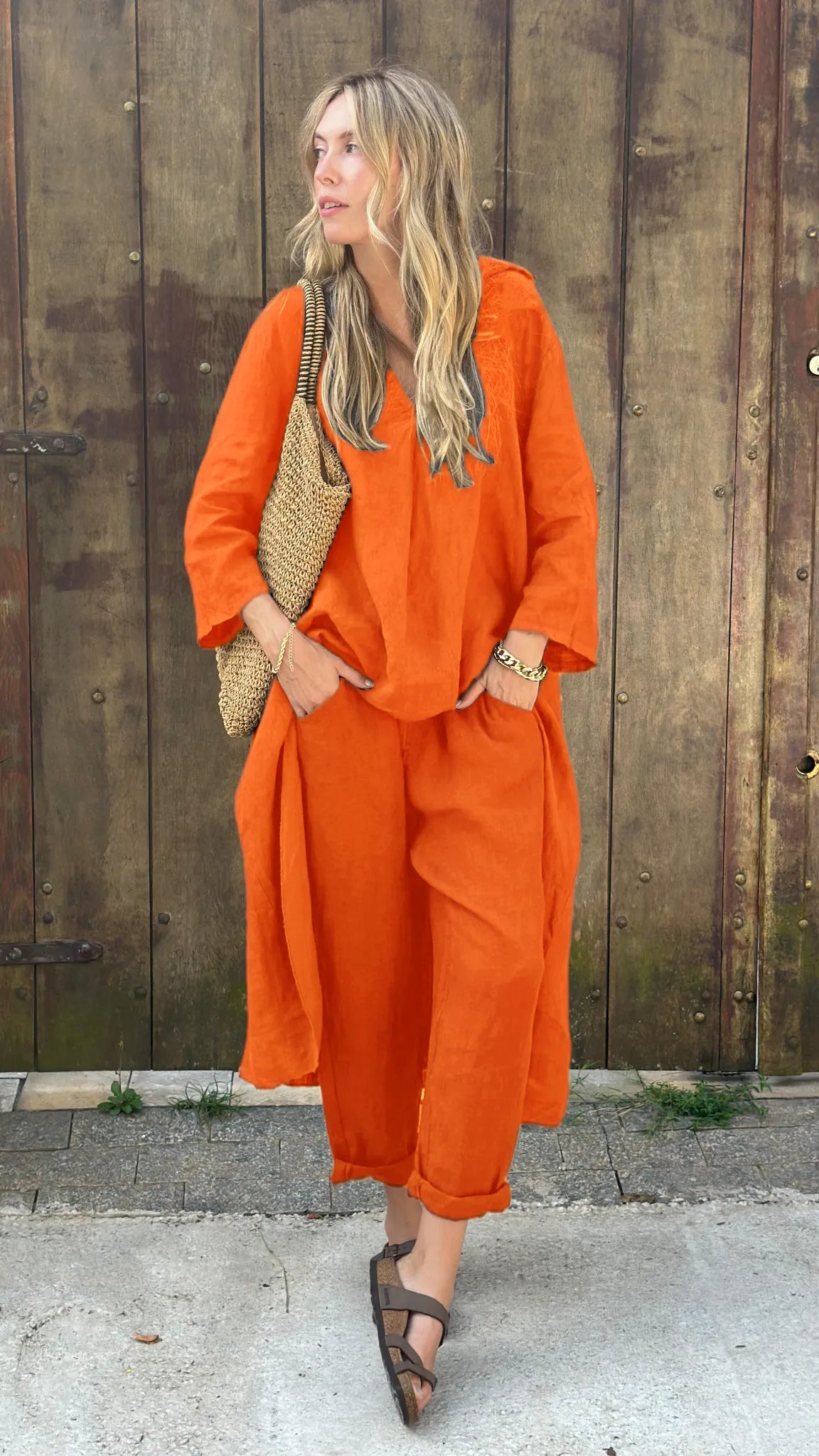 Ensemble décontracté 2 pièces en coton et lin confortable de couleur unie (Achetez 2, la livraison est gratuite)