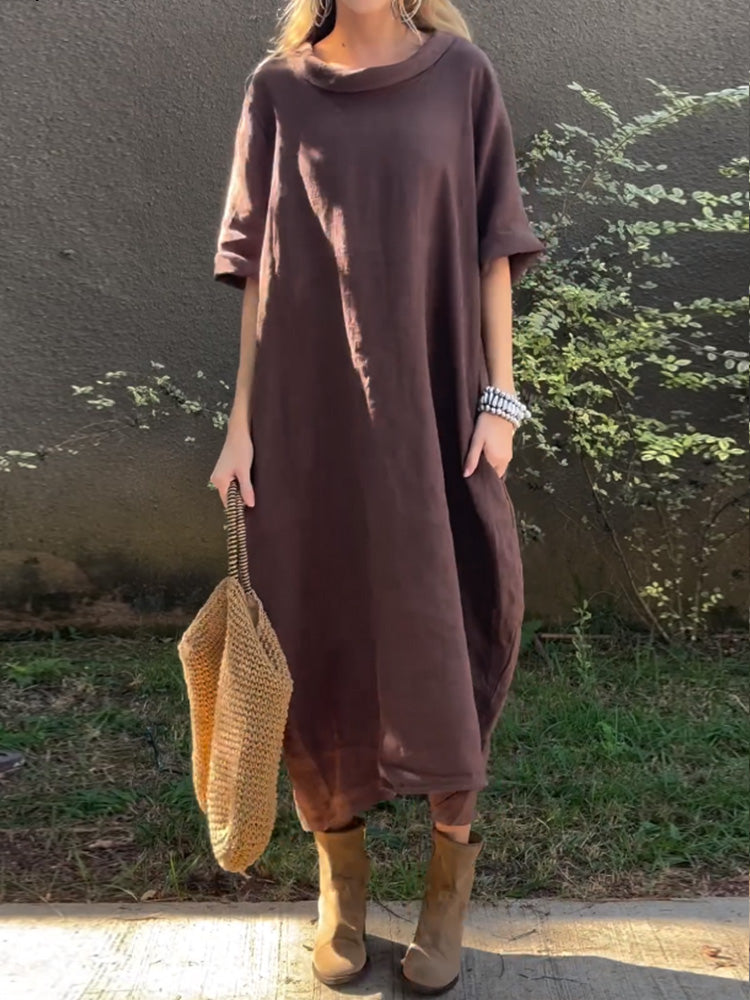 Robe décontractée unie en coton et lin pour femme
