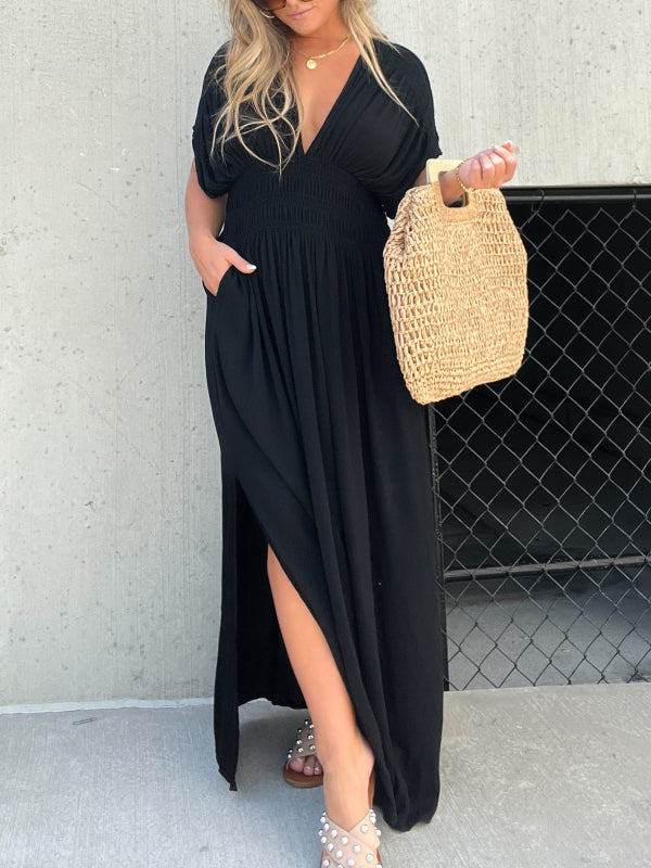 Neues, leichtes Maxikleid mit Schlitz und V-Ausschnitt (2 kaufen, kostenloser Versand)