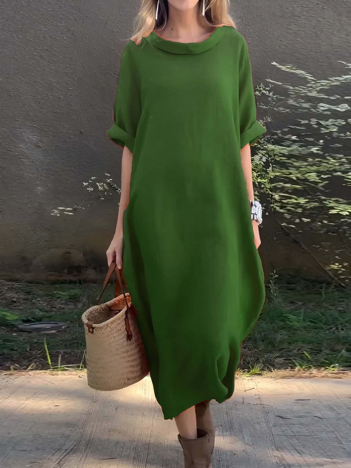 Robe décontractée unie en coton et lin pour femme