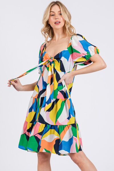 Robe Ces Femme à col en cœur, manches bouffantes et imprimé abstrait