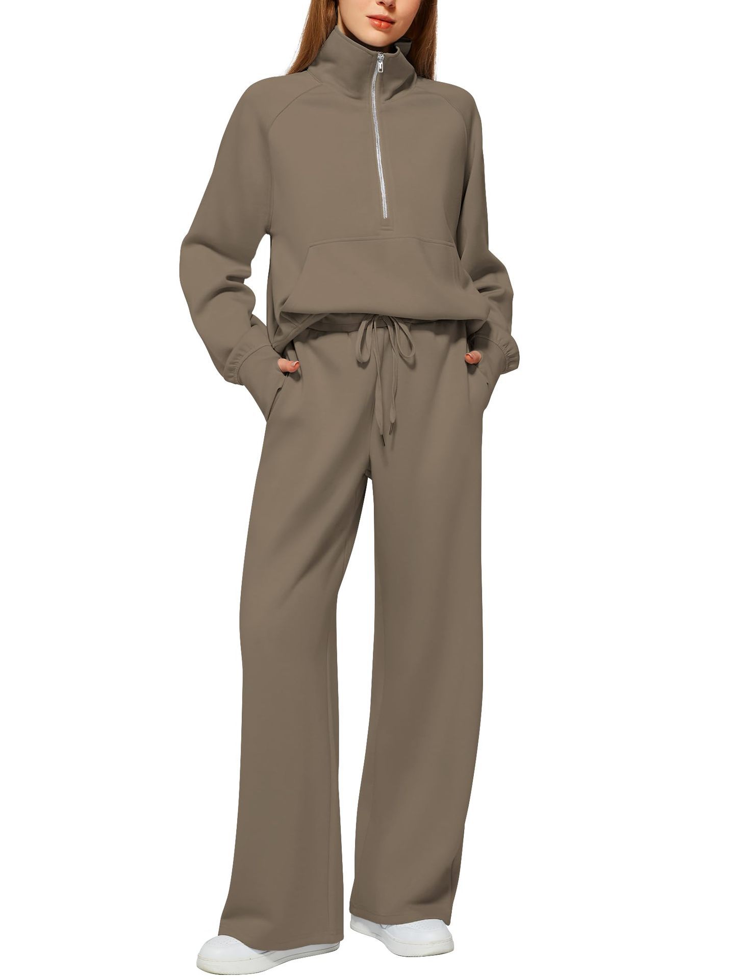VENTE DE LIQUIDATION🔥 Ensemble deux pièces en coton de couleur unie avec demi-zip pour femme