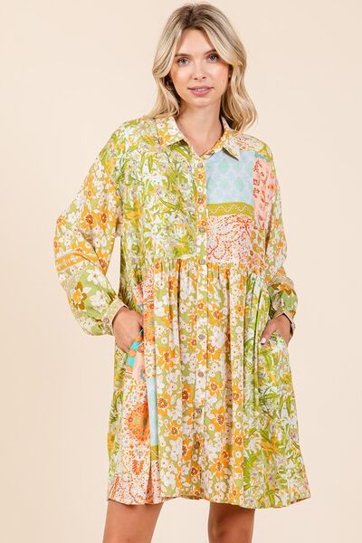 Mittoshop Langärmeliges Hemdkleid mit Blumendetail und Knopfleiste