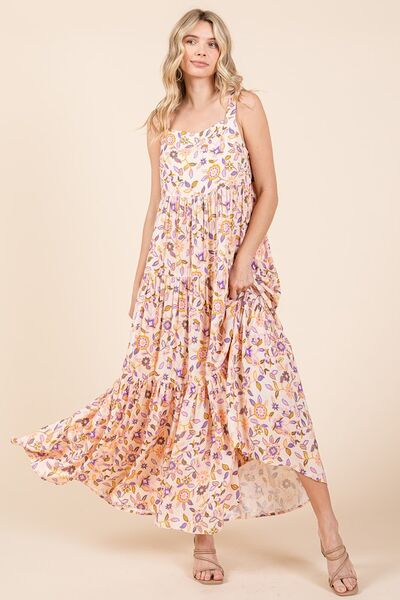 Mittoshop Geblümtes, gestuftes, ärmelloses Empire-Maxikleid