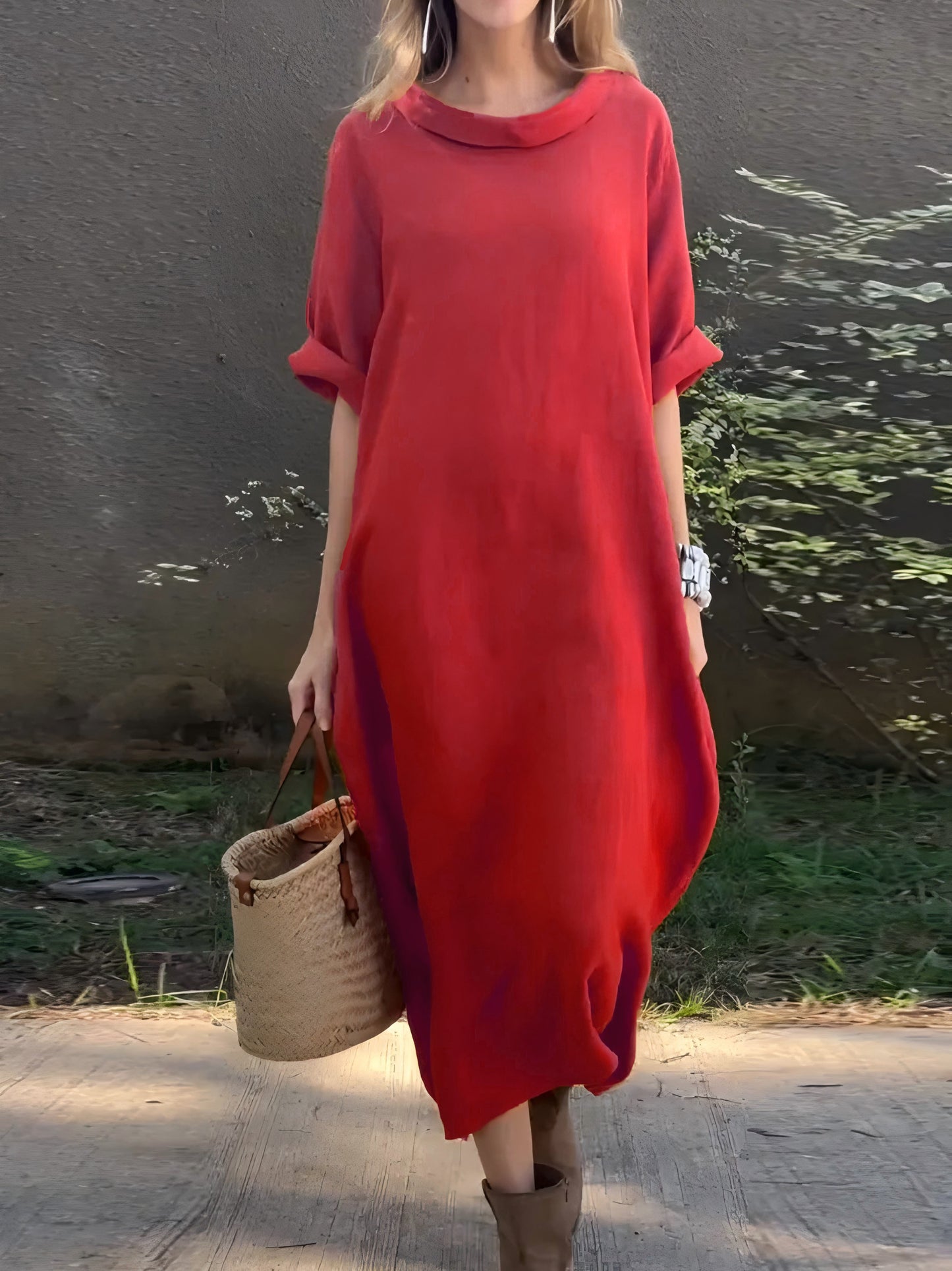 Robe décontractée unie en coton et lin pour femme