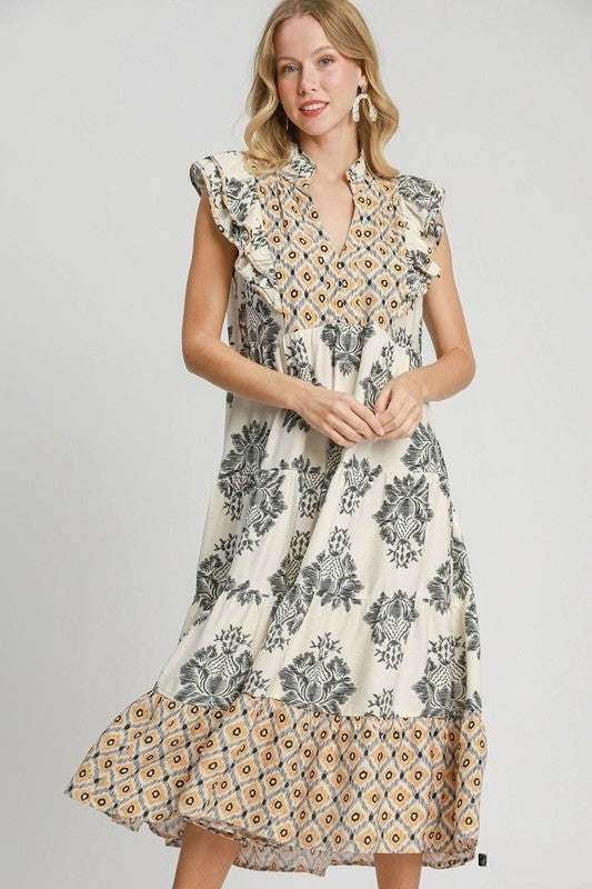 Damen Freizeit Midikleid mit Rüschenärmeln und Print (2 kaufen, kostenloser Versand)