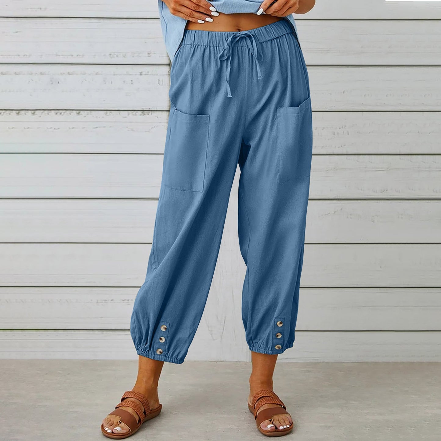 Pantalon femme Pantalon taille haute boutonné en coton et chanvre pantalon neuf points jambes larges