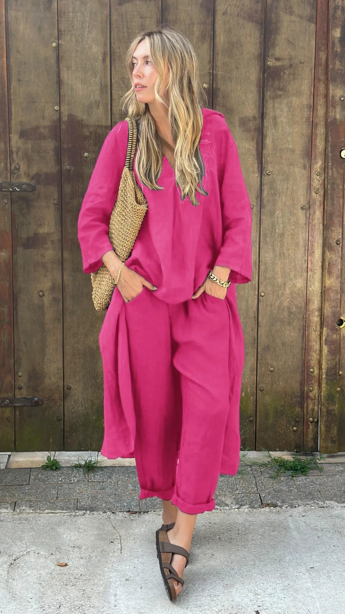Ensemble décontracté 2 pièces en coton et lin confortable de couleur unie (Achetez 2, la livraison est gratuite)