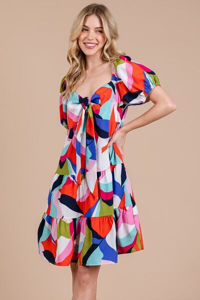 Robe Femme Imprimé Abstrait Col Cœur Manches Bouffantes