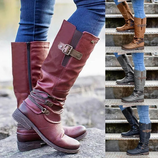 Bottes de neige hautes zippées en cuir vintage pour femme