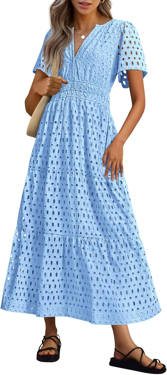 NEU 🔥Damen 2025 Sommer Maxikleid Kurzarm V-Ausschnitt Aushöhlung Ösen A-Linien-Kleider