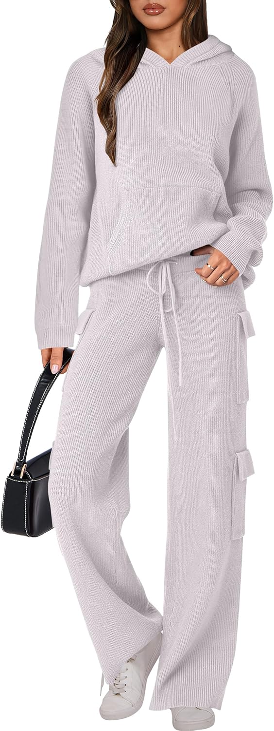 🎄 Destockage de Noël 🔥 Ensembles deux pièces femme : pull tricoté à capuche et pantalon droit décontracté