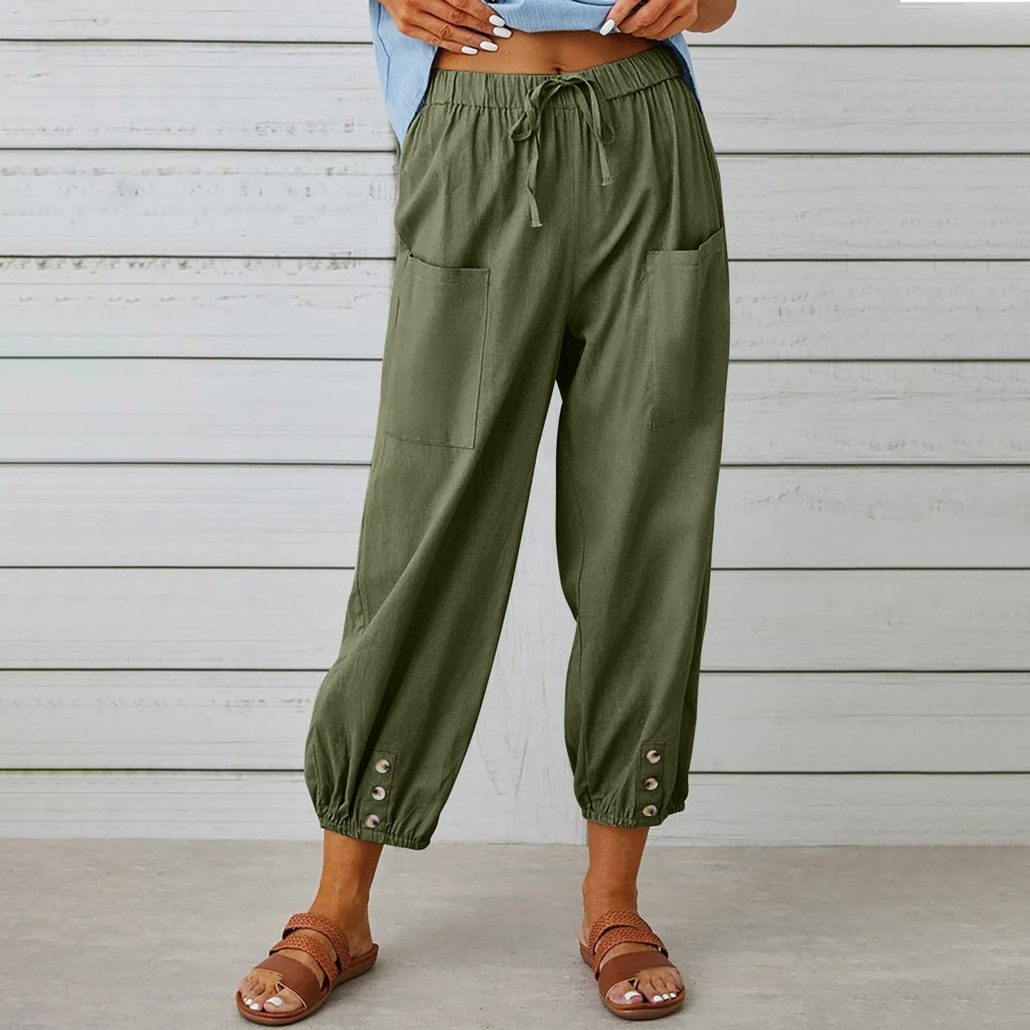 Pantalon femme Pantalon taille haute boutonné en coton et chanvre pantalon neuf points jambes larges
