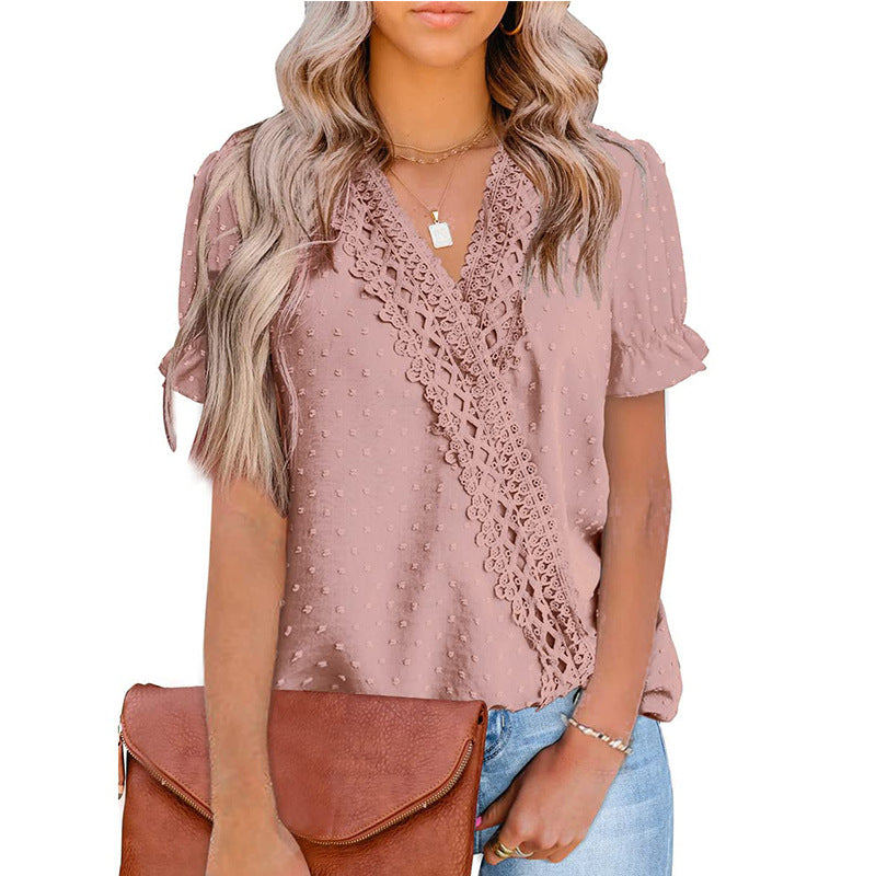 Chemise Chiffon Balle Dentelle Col V Manches Courtes