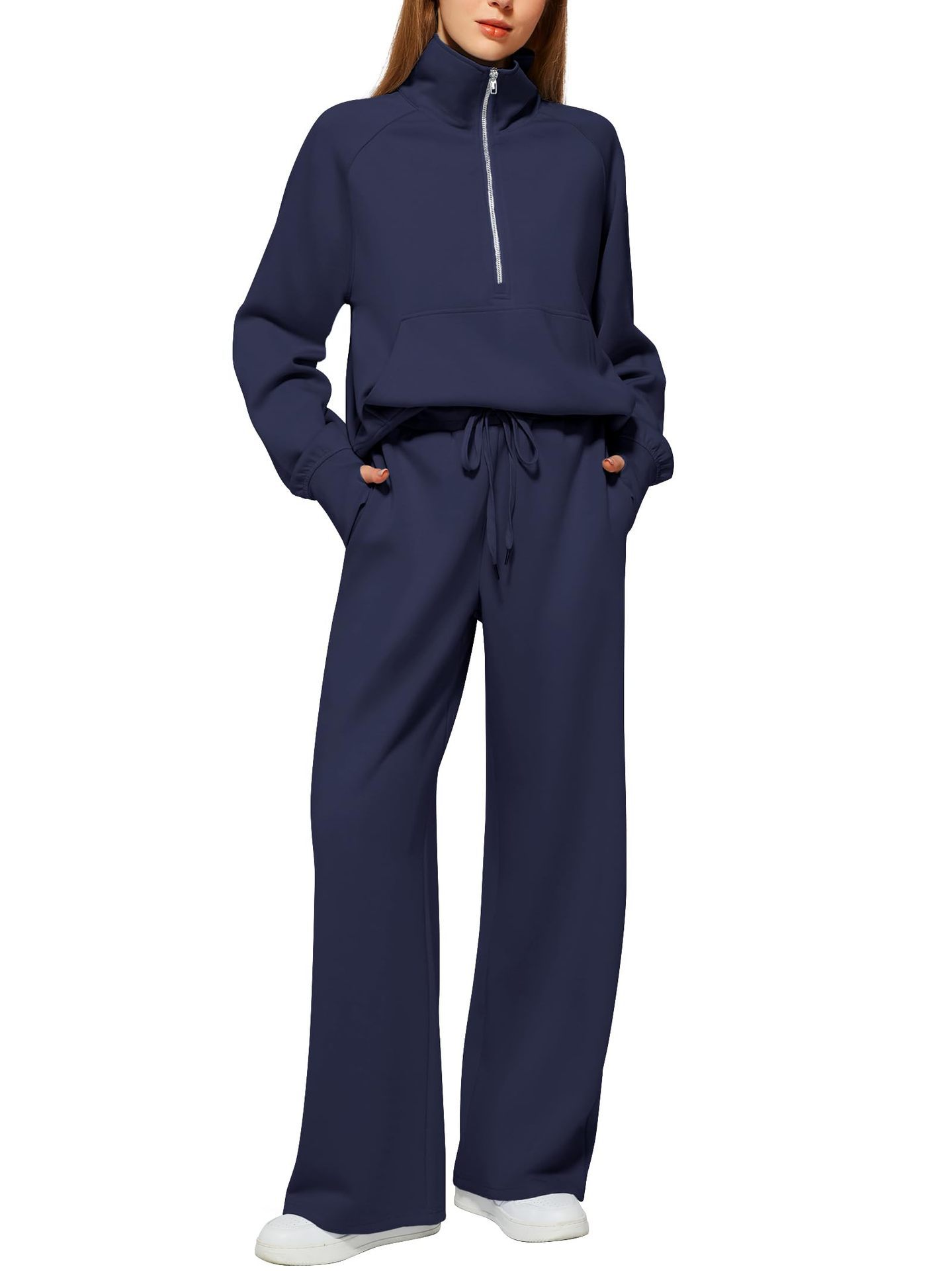 VENTE DE LIQUIDATION🔥 Ensemble deux pièces en coton de couleur unie avec demi-zip pour femme