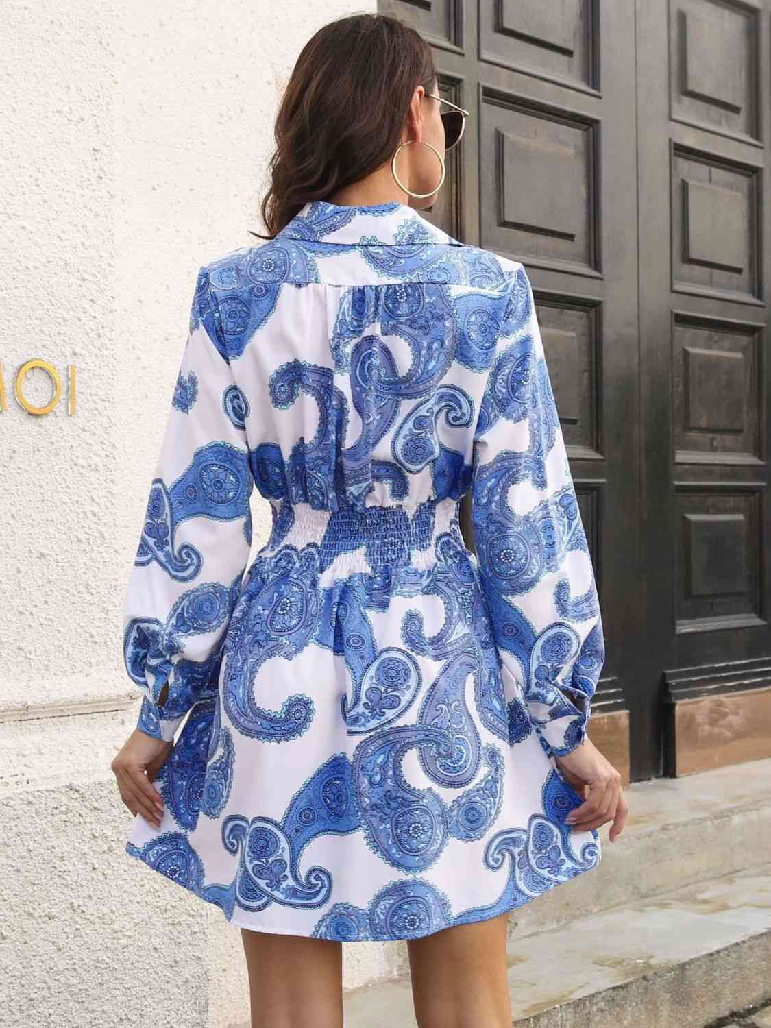 Robe smockée col Johnny à imprimé cachemire