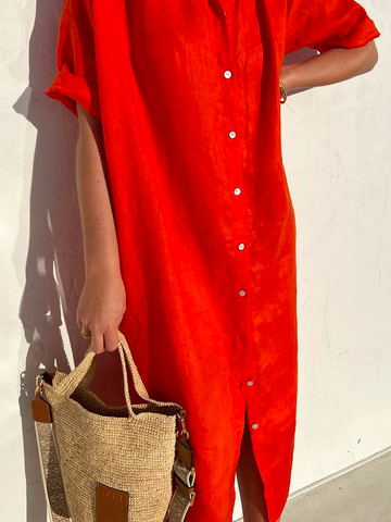 Damen Elegant Lässig Locker Halbarm Knopfleiste Vorne Halbarm Baumwoll-Leinen-Kleid